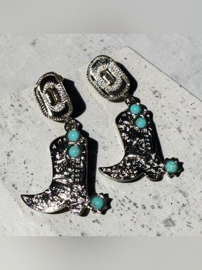 Turquoise Accent Silver Cowboy Boot Drop Earrings